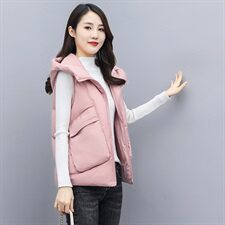 2020冬季拉链无袖直筒纯色连帽休闲口袋装饰棉马甲，女装棉衣/棉服，微微衣阁