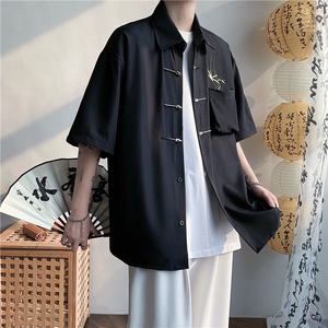 W265-P48 高级感风新中式刺绣金属飞机扣宽松慵懒衬衫男女图片