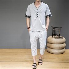 2021中国风夏季亚麻短袖套装男大码棉麻两件套QT6005-TZ06-P65，男装套装，星座1112-5（原712-5）