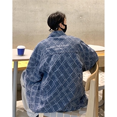港风格子牛仔定制面料夹克男：70%棉30%聚酯纤维NZ77090P95控138，男装夹克，星座227-7