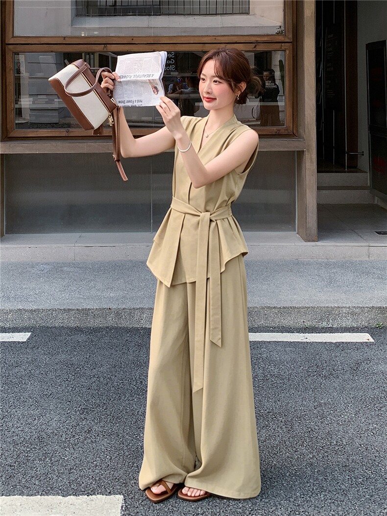 新款现货主推夏季无袖气质套装女老钱风阔腿裤清冷感韩系两件套,女装套装/套裙,网红馆