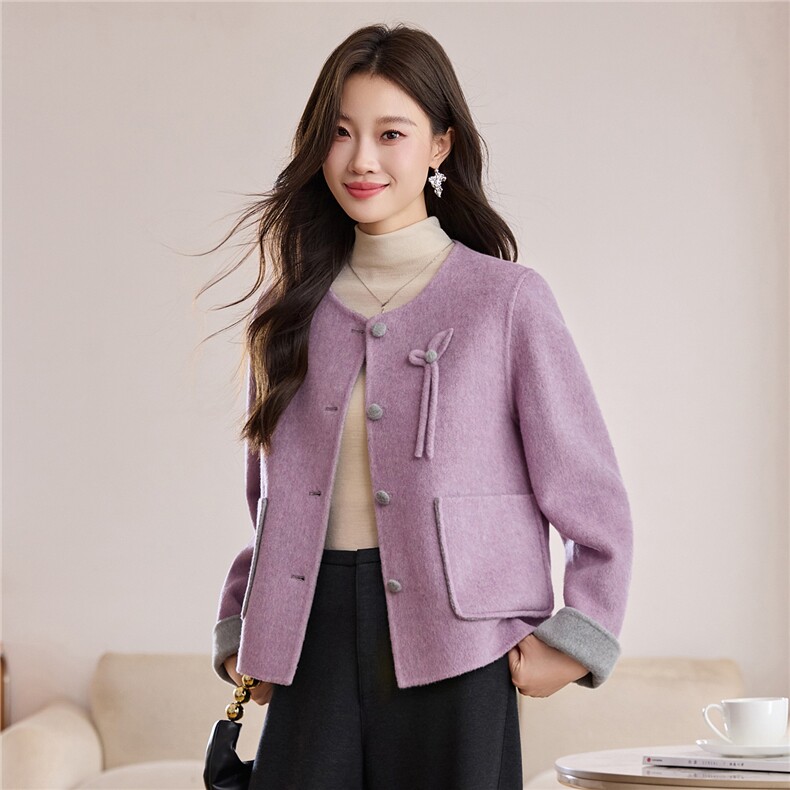 温柔紫色双面羊毛外套女2025秋冬短款圆领蝴蝶结洋气减龄毛呢大衣,女装毛呢外套,韩宇舍