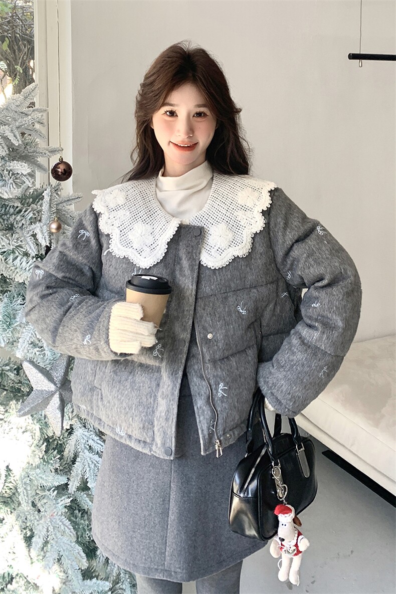 韩系chic灰色短款娃娃领羽绒服女冬超火好看高级小众加厚保暖外套,女装羽绒服,红龙果