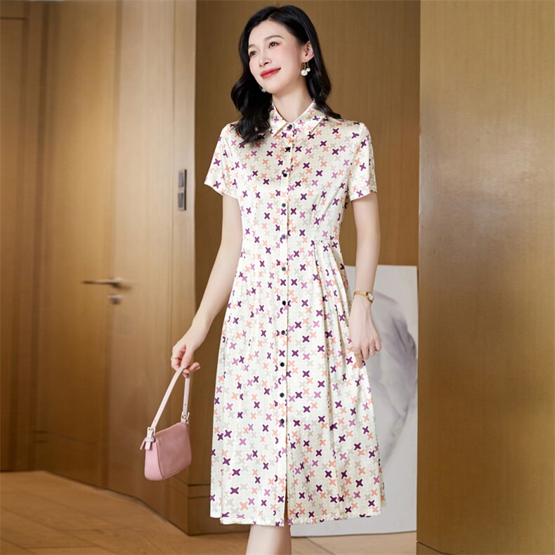 杭州重磅真丝桑蚕丝连衣裙女高端大牌2025新款夏季碎花妈妈衬衫裙,女装连衣裙,阿舍尔精品