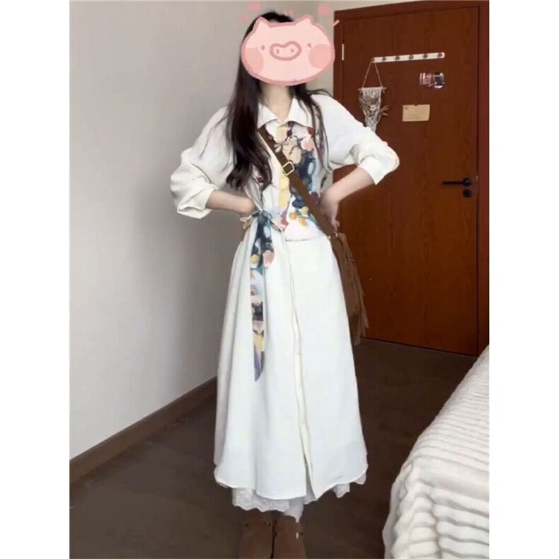 韩系学院风油画印花拼接翻领连衣裙女学生春秋季收腰绑带衬衫长裙图片