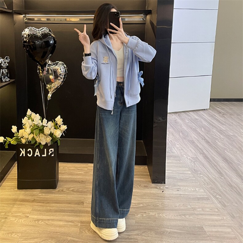 春女新款连帽拉链卫衣阔腿牛仔裤减龄两件套图片