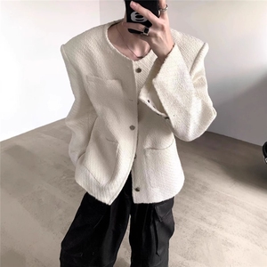 小众30羊毛白色毛呢小香风外套男无领高级感垫肩夹克HHB998 P118图片