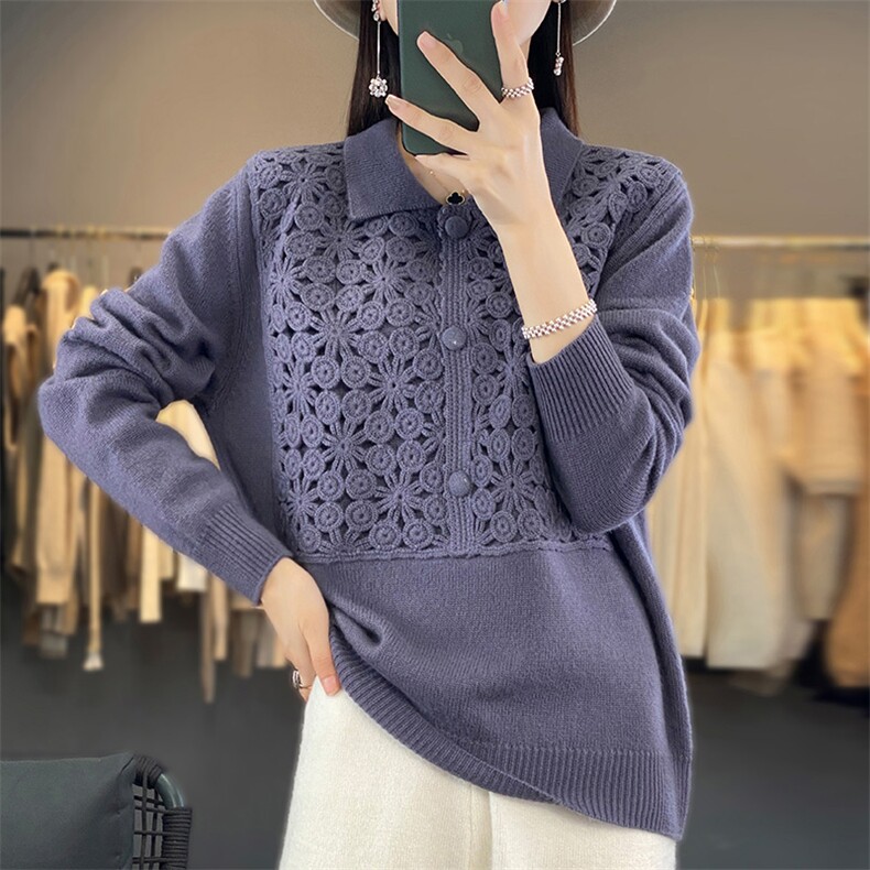 POLO领中长款100%纯羊毛衫女手工刺绣钩花长裙宽松羊绒衫针织打底,女装羊毛衫,江南羊绒