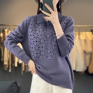 POLO领中长款100%纯羊毛衫女手工刺绣钩花长裙宽松羊绒衫针织打底图片