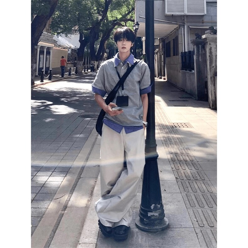 得物抖音高品质二开夏季美式潮牌高街假两件格子衬衣翻领短袖T恤,男装T恤,电商A486