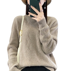 时尚百搭七针加厚圆领波浪花纹女羊毛衫显瘦保暖冬季必备，女装羊毛衫，九嘉羊绒
