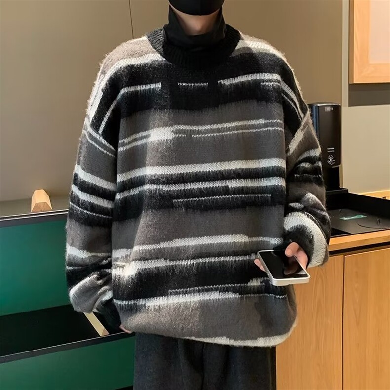 美式复古冬季小众设计条纹圆领毛衣男高街SM807P45,男装针织衫/毛衣,星座1116-2