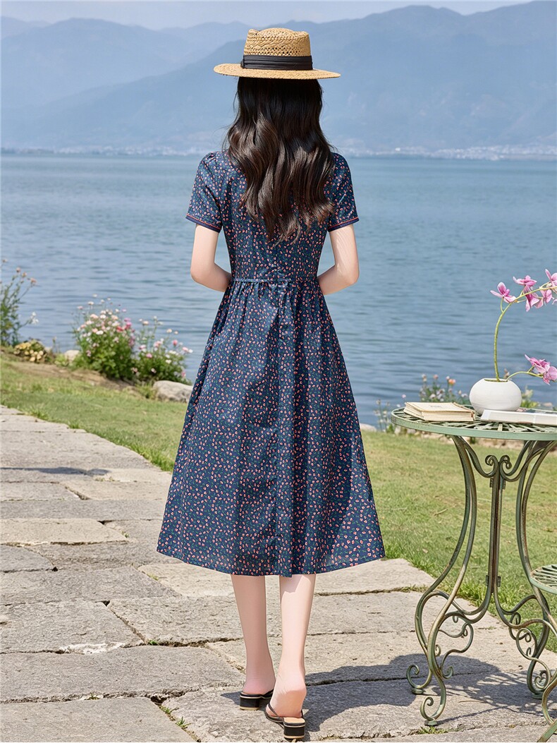 田园风斜领碎花刺绣连衣裙女春夏收腰显瘦中长裙（细节图颜色为）,女装连衣裙,水衣源
