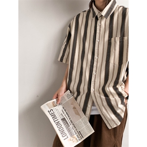 日系复古条纹短袖衬衫男女夏季vintage休闲情侣工装衬衣S2055-p25图片