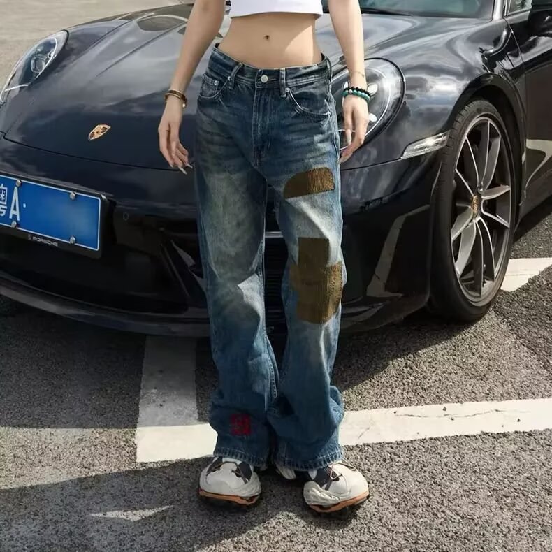 8075-P63美式高街复古破洞补丁刺绣牛仔裤男休闲小直筒长裤,男装牛仔裤,电商B323A