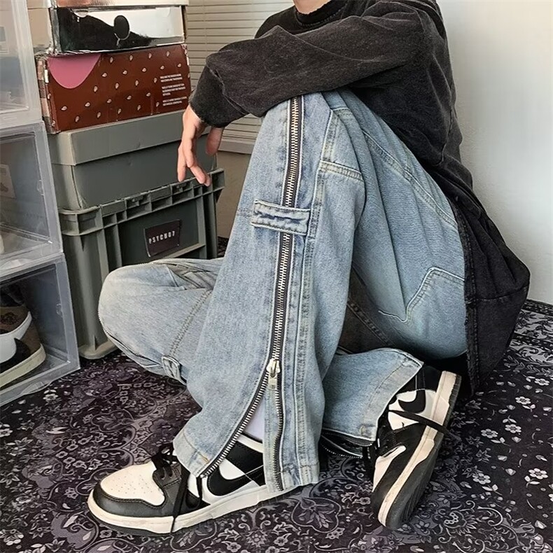 美式高街拉链装饰开叉牛仔裤男潮牌宽松直筒微喇叭长裤SA121P58,男装牛仔裤,星座1116-2