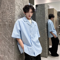 春夏英伦学院风青春男大竖条纹短袖衬衫翻领外套口袋设计短袖P40，男装T恤，电商B319