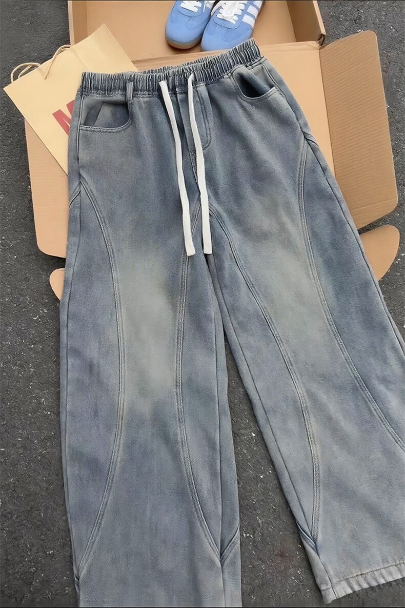 现货宽松阔腿裤子男冬季加绒加厚美式弯刀解构牛仔裤-A2348P60,男装牛仔裤,电商B241