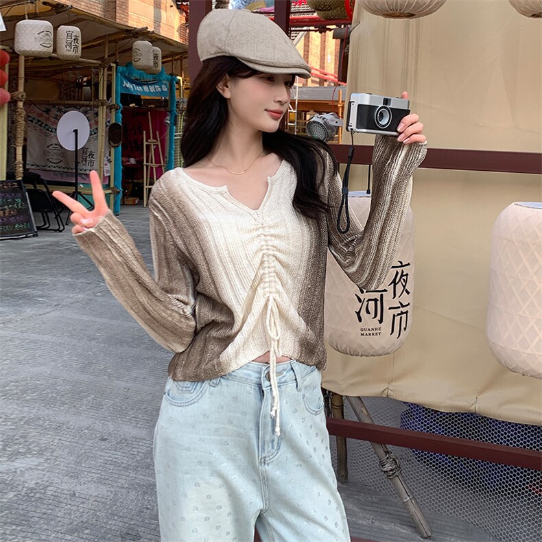 大码女装超仙遮肚子抽绳针织上衣春秋胖妹妹韩版V领长袖毛衣打底,针织衫/毛衣,纯色衣恋