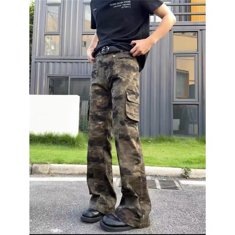 美式高阶男春秋高街直筒长裤弯刀ins迷彩微喇叭裤KZ18N7019-TP55,男装牛仔裤,电商A247C
