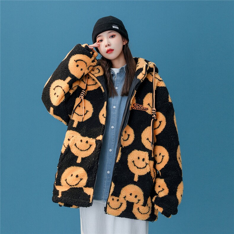 羊羔毛中性风韩版笑脸加厚连帽棉衣棉服216-2-BK51-P128控158,女装棉衣/棉服,星座716-1