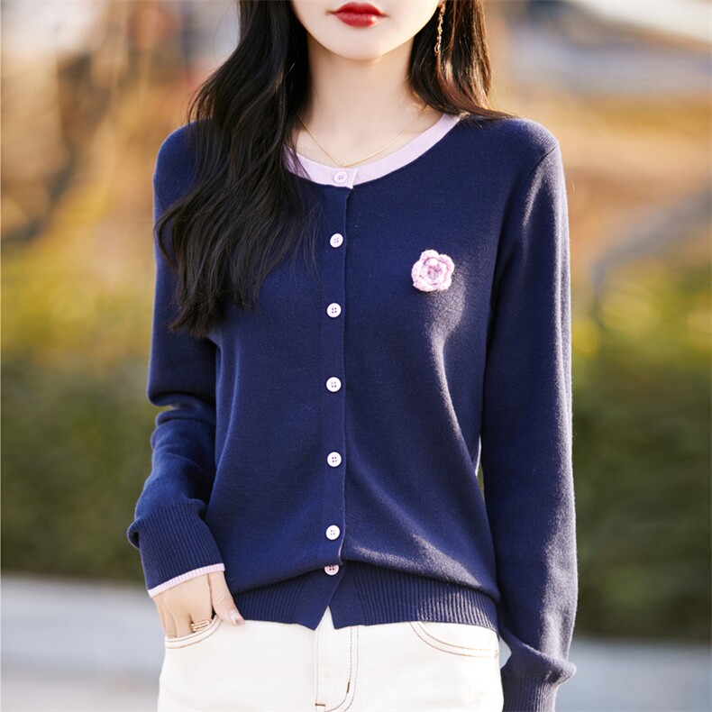 2026年秋季时尚百搭通勤简约休闲玫瑰花撞色开衫,针织衫/毛衣,大美人包芯纱店
