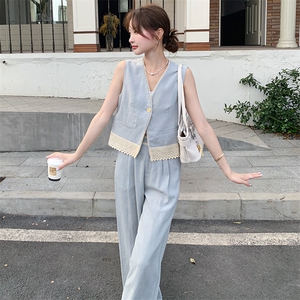休闲浅蓝色马甲阔腿裤套装女夏2025新款爆款ootd穿搭巨好看两件套图片