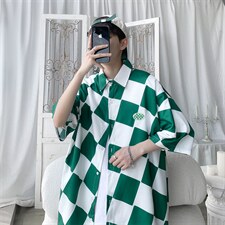 C6071/P35夏季新款格子冰丝短袖衬衫男女潮休闲衬衣宽松大码上衣，男装衬衫，电商A141