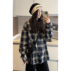 特批P30无差价2025春港风格子翻领长袖衬衫男女中性复古衬衣C5450，男装衬衫，电商A001