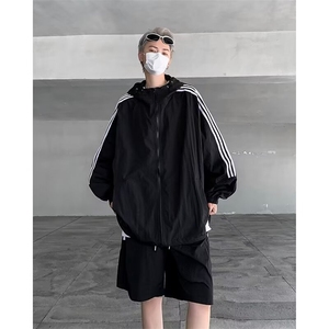 条纹简约轻薄透气外套套装宽松休闲五分短裤防晒套装男 BK88图片