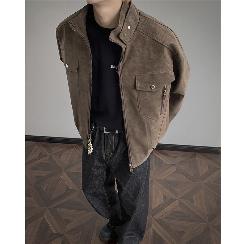 美式皮衣外套男春秋款潮牌立领麂皮绒夹克工装痞帅棒球服JK61-P90,男装皮衣,星座308B-2