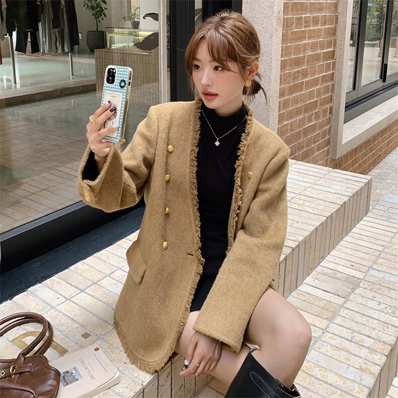 现货主推新款双面长毛羊毛呢流苏双排扣V领羊毛外套,女装双面呢大衣,丝露依尚（原SL）