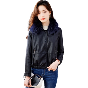 真毛领皮衣外套女2024年冬季新款加绒加厚毛领可拆卸皮夹克外套图片