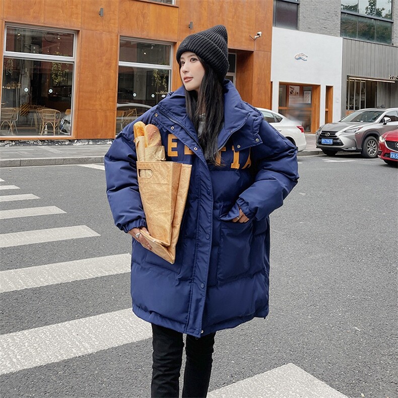 蓝色羽绒棉服女冬季2025新款宽松中长款加厚面包服小个子棉袄外套图片