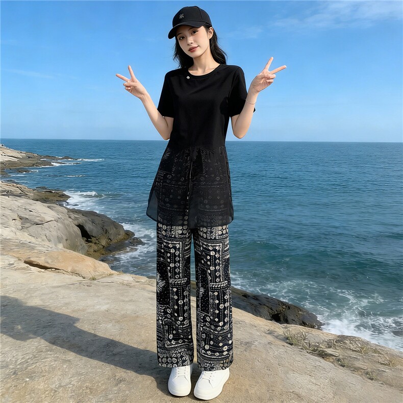 设计感小众时尚气质套装女夏圆领网纱拼接短袖上衣碎花长裤两件套,女装套装/套裙,江南