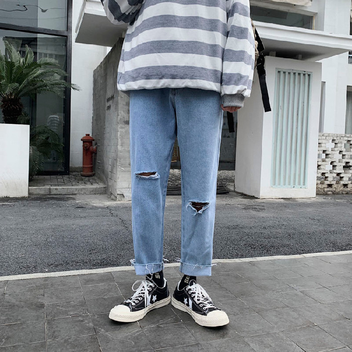 N21P50春夏韩版ins休闲破洞九分牛仔裤百搭宽松直筒阔腿裤子,男装牛仔裤,电商D321A