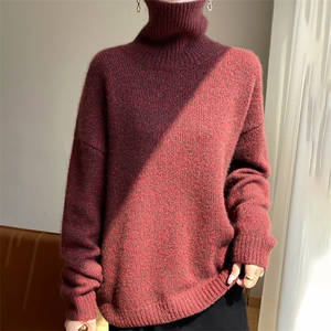 2025春秋新款蚕丝羊绒衫女保暖高翻领通勤针织衫简约纯色套头上衣图片