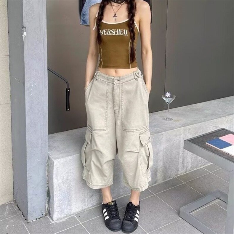 美式复古大口袋工装短裤夏季高级感痞帅裤子宽松直筒阔腿七分裤,女装休闲裤,星座506A