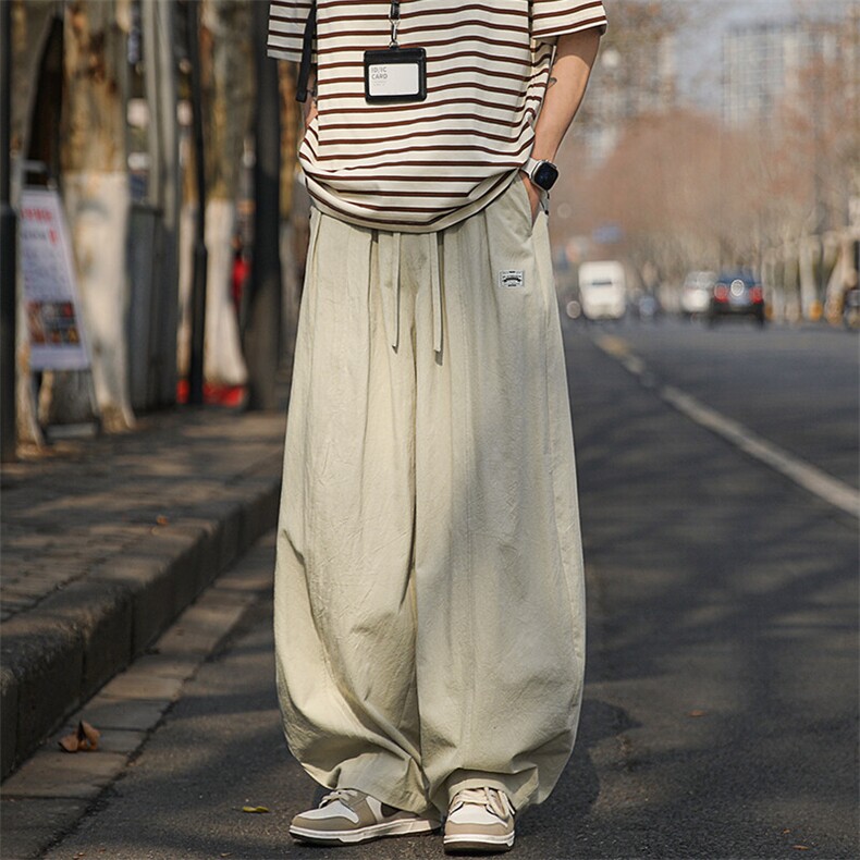 特批P40无差价25夏季薄款棉麻贴标宽松美式复古拖地弯刀裤男K5965，男装休闲套装，电商A001