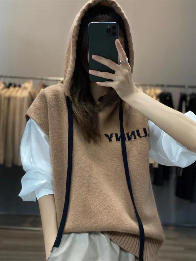 新款连帽抽绳无袖针织衫女马甲背心外穿纯色内搭毛衣,女装马甲,千御纺羊绒