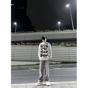 烟灰色牛仔裤男款秋冬美式vibe风裤子高街修身直筒微喇裤K906-P53图片