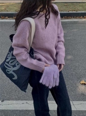 温柔风紫色圆领毛衣女秋冬新款软糯慵懒宽松针织衫上衣，女装针织衫/毛衣，半城羊绒
