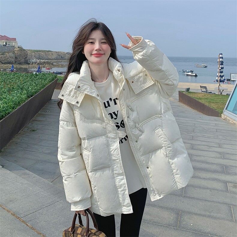 韩版短款连帽米白色羽绒服女2025冬季新款收腰显瘦保暖白鸭绒外套,女装羽绒服,蝶眷