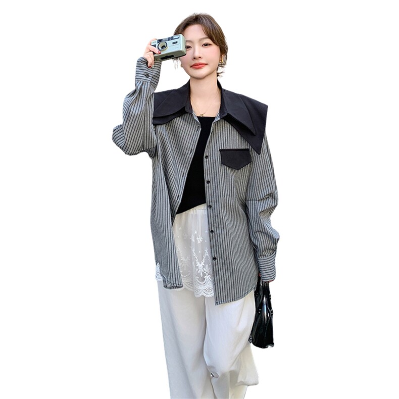 高级感西装撞色条纹娃娃领衬衫女春2025新款气质独特减龄百搭上衣,女装衬衫,2C166