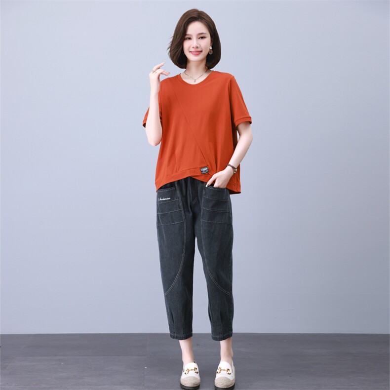 胖MM冰丝牛仔套装夏薄款宽松大码女装休闲中年妈妈装哈伦裤两件套,女装套装/套裙,叶笙衣