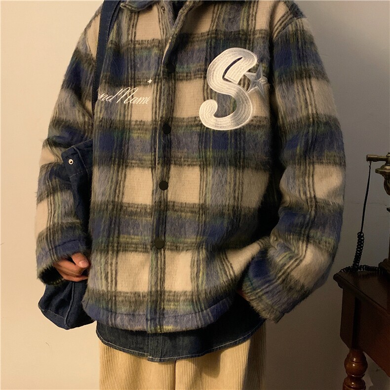 高级感小香风格子毛呢外套衬衫男女刺绣加厚冬季夹克棉服J8111,男装夹克,星座1116A-1（原606A）