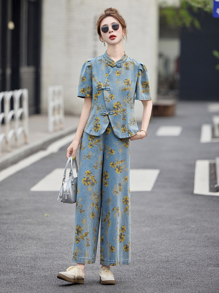 新中式印花牛仔套装女2025夏季新款爆款气质高级感阔腿裤两件套,女装套装/套裙,曼娅璐