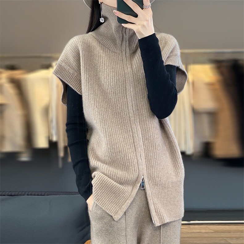 秋冬新款开衫女高领马甲短袖拉链外套毛衣羊毛针织上衣,女装羊毛衫,总能电商供货