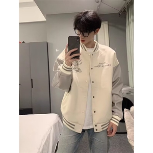 W10599-P75 网图现货 美式高街重磅刺绣毛呢棒球服外套PU皮拼接图片
