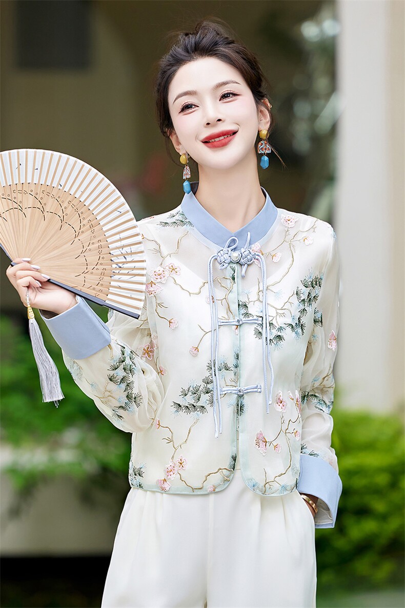 新中式国风阔腿裤女2024夏季新款气质禅意刺绣盘扣上衣,女装防晒衣,韩美纤衣
